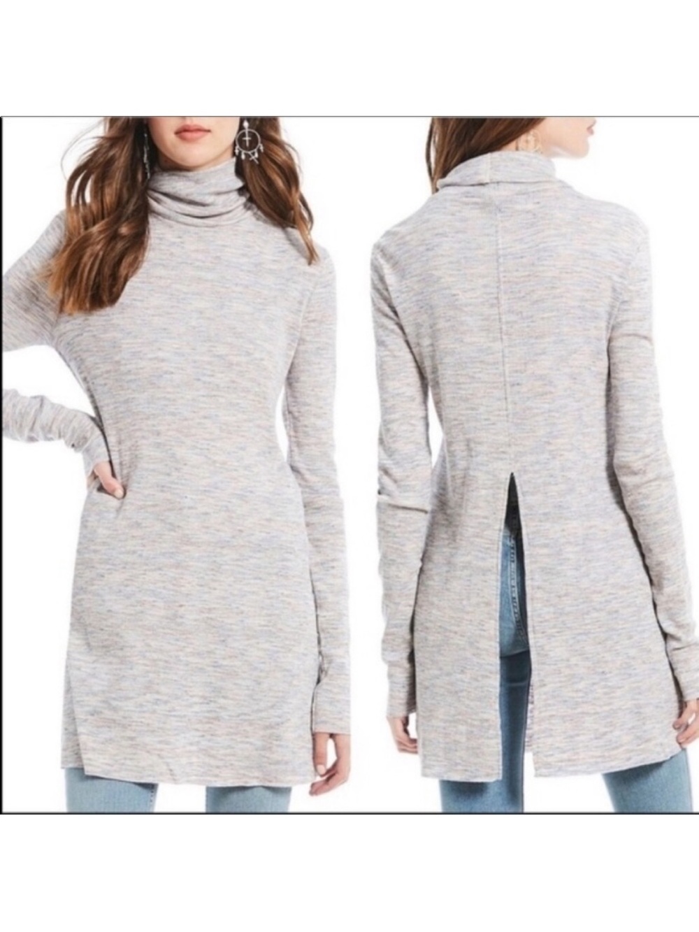 Free People Split Back Space Dye Long Sleeve Turtleneck Tunic. Size Medium